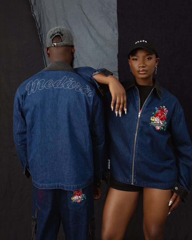 navy blue denim cargo pants and jacket